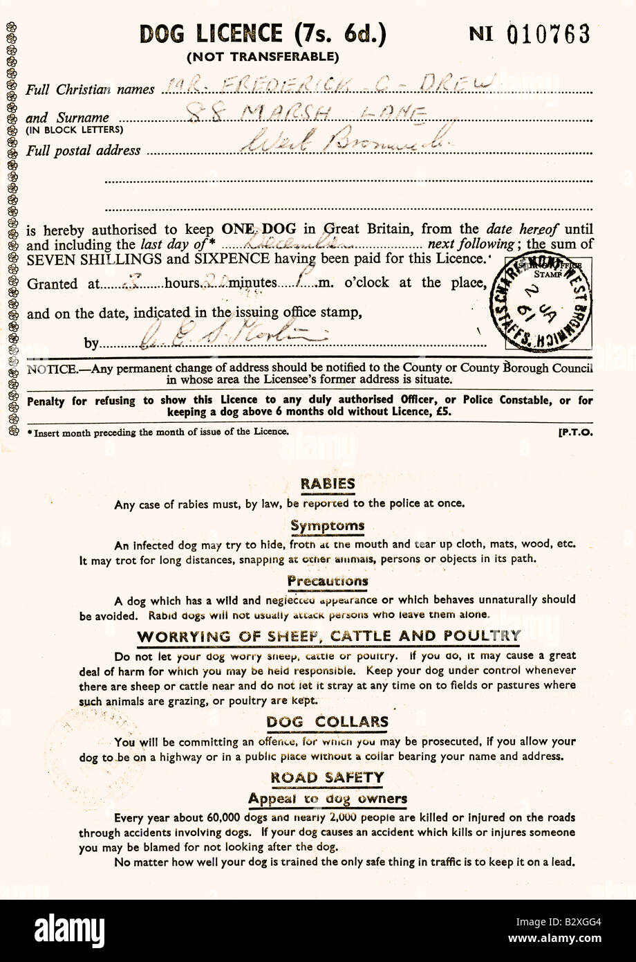 1961 UK Great Britain British Dog Licence Front and Rear Composite with conditions on the back FOR EDITORIAL USE ONLY Stock Photo