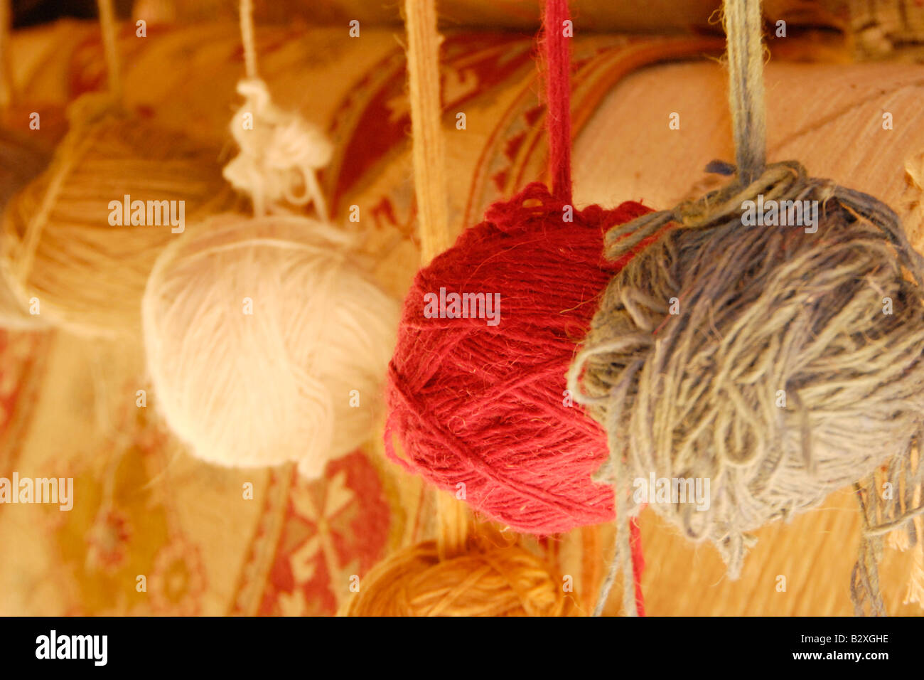 Traditionally dyed yarn for rug weaving, Datca Peninsula, Turkey Stock