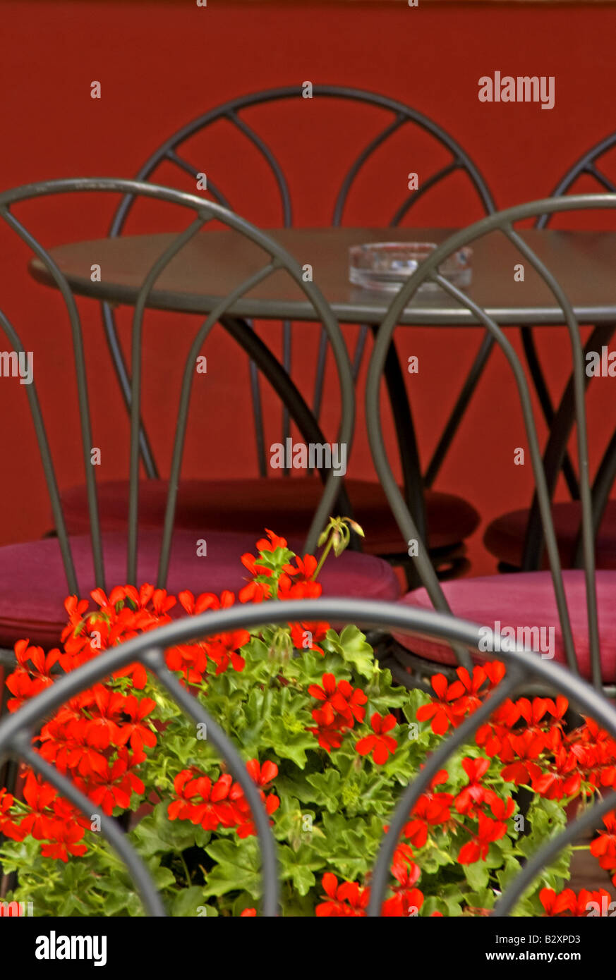 Sibenik sidewalk cafe table and geraniums Stock Photo