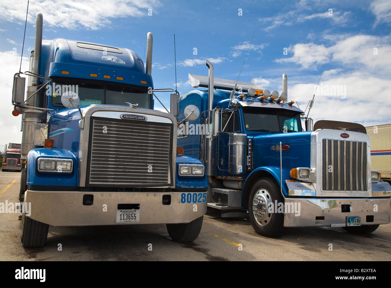 Two 'big rigs' parked at gas station in Sheridan, Wyoming Stock Photo