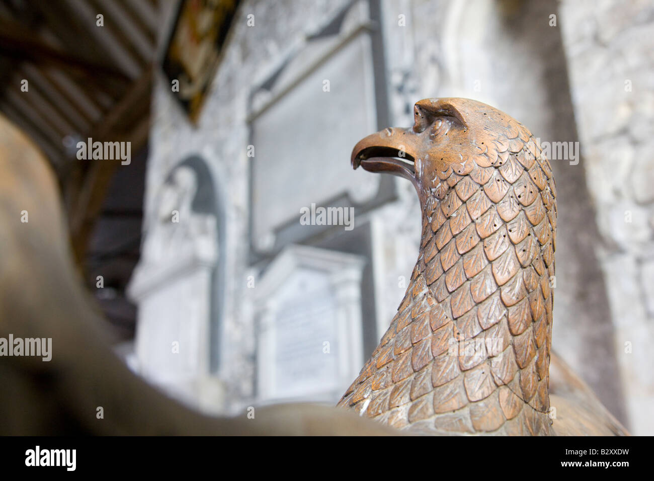 Carved wooden eagle lectern in a church Stock Photo