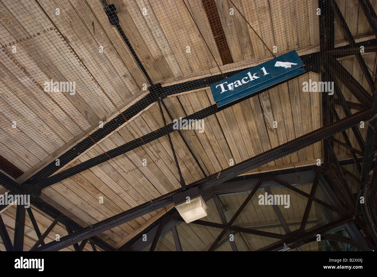 Track 1 Sign Hanging From A Wooden Ceiling Stock Photo 19031562