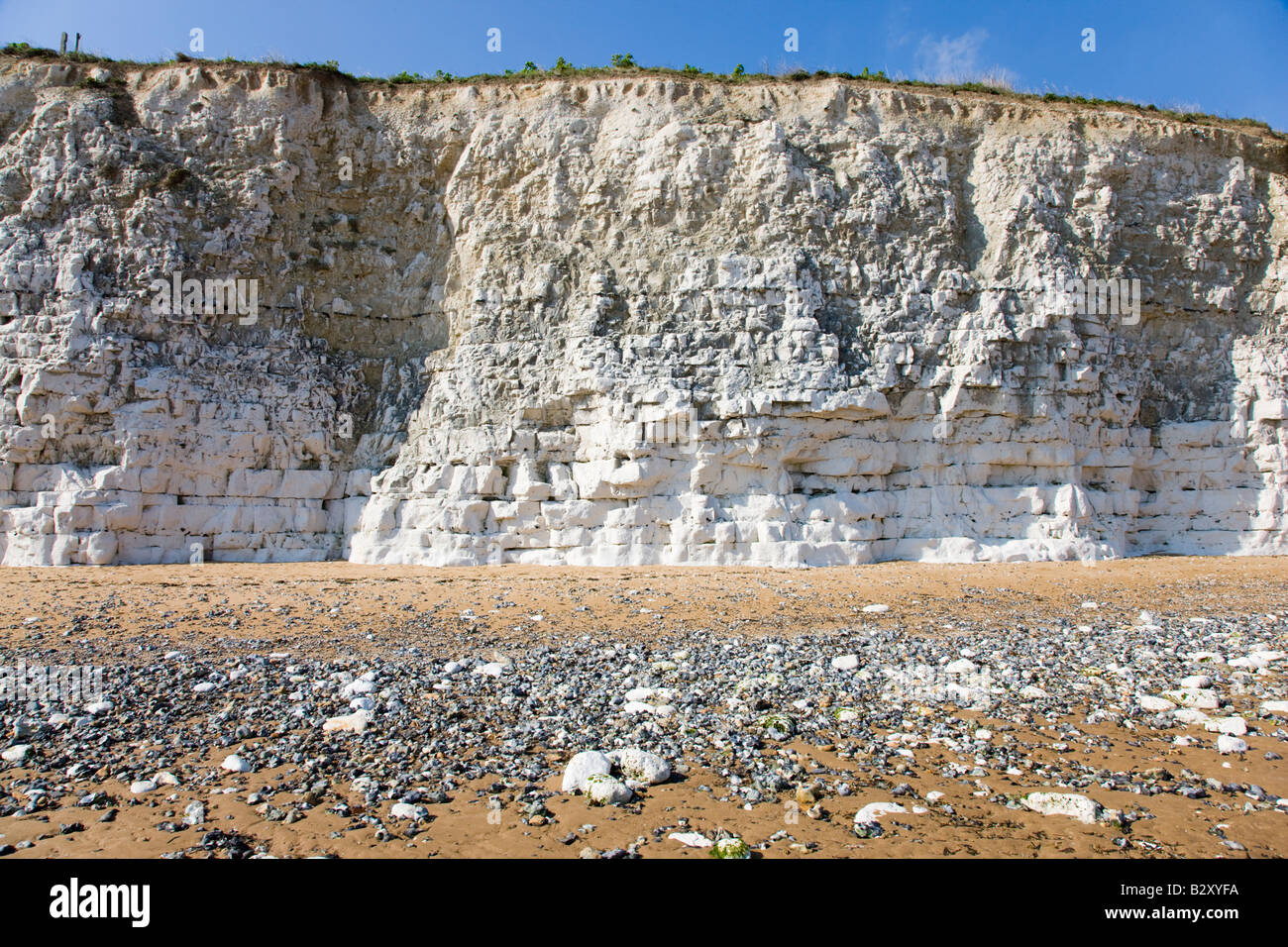 White chalk cliffs at Joss Bay in Kent with flints eroded out of the rock piled up on the beach Stock Photo