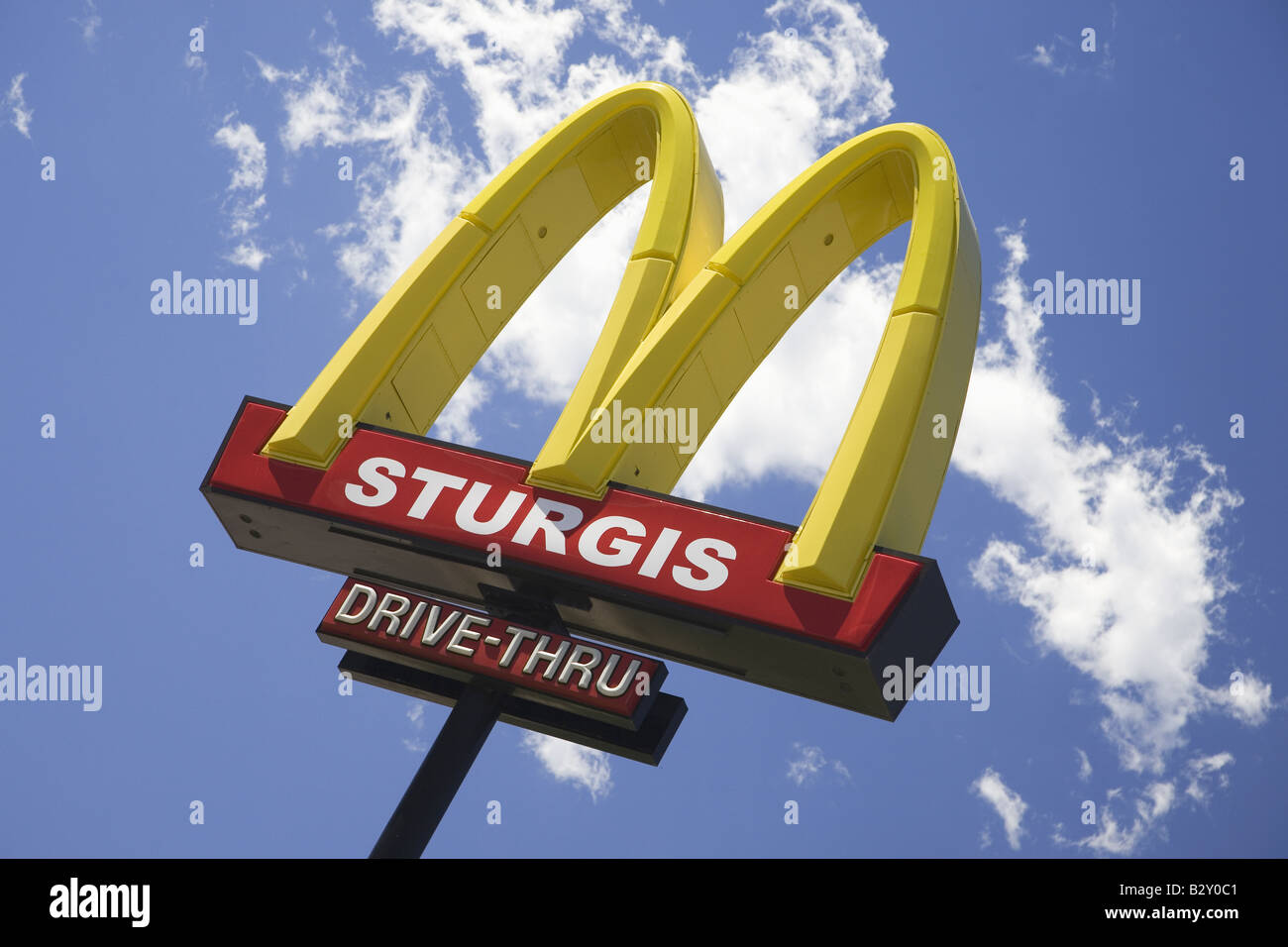 Sturgis McDonald's sign and blue sky at the 67th Annual Sturgis Motorcycle Rally, SD Stock Photo