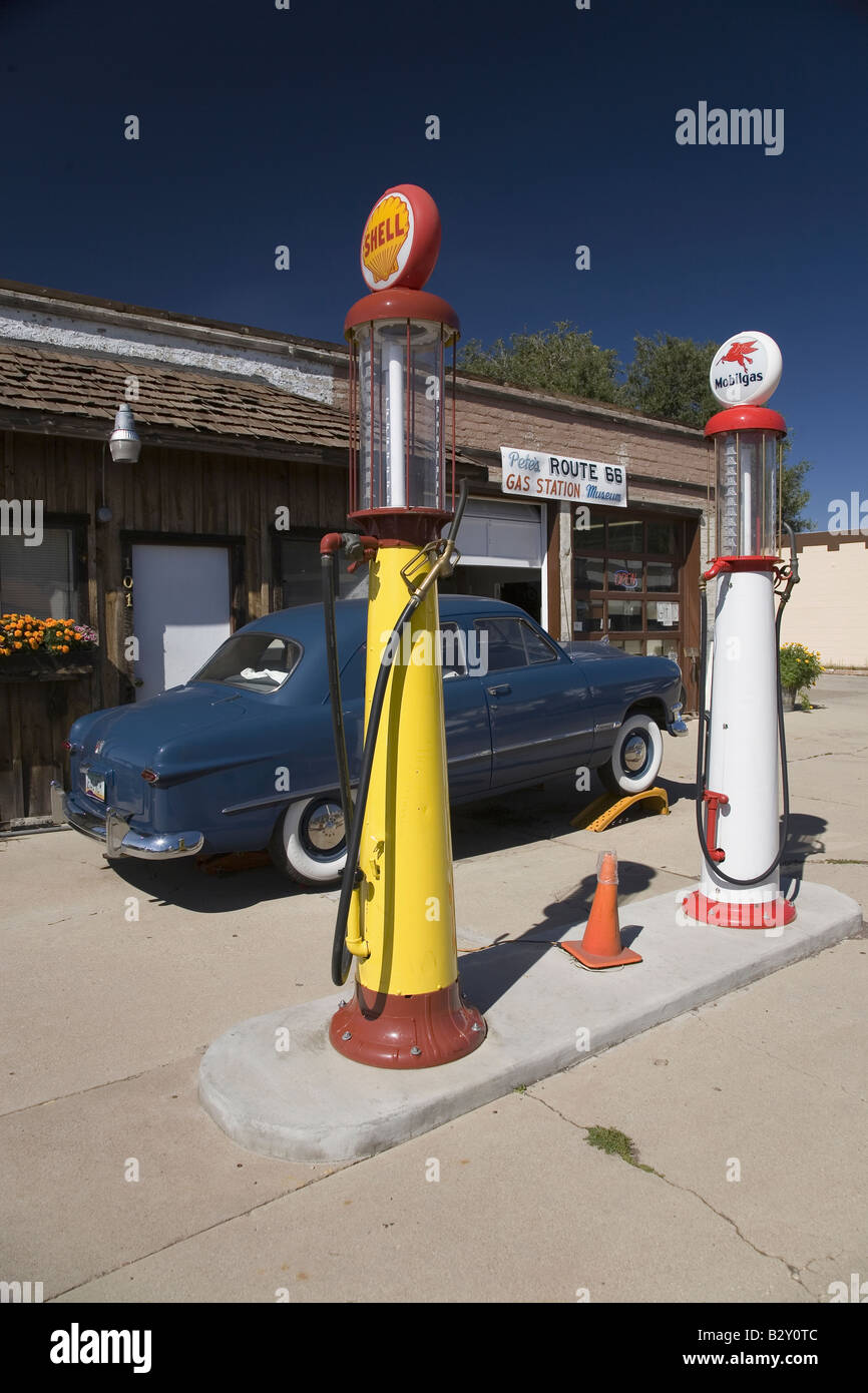 1950 blue Ford parked in front of historic gas station off Route 66 in Williams, Arizona Stock Photo