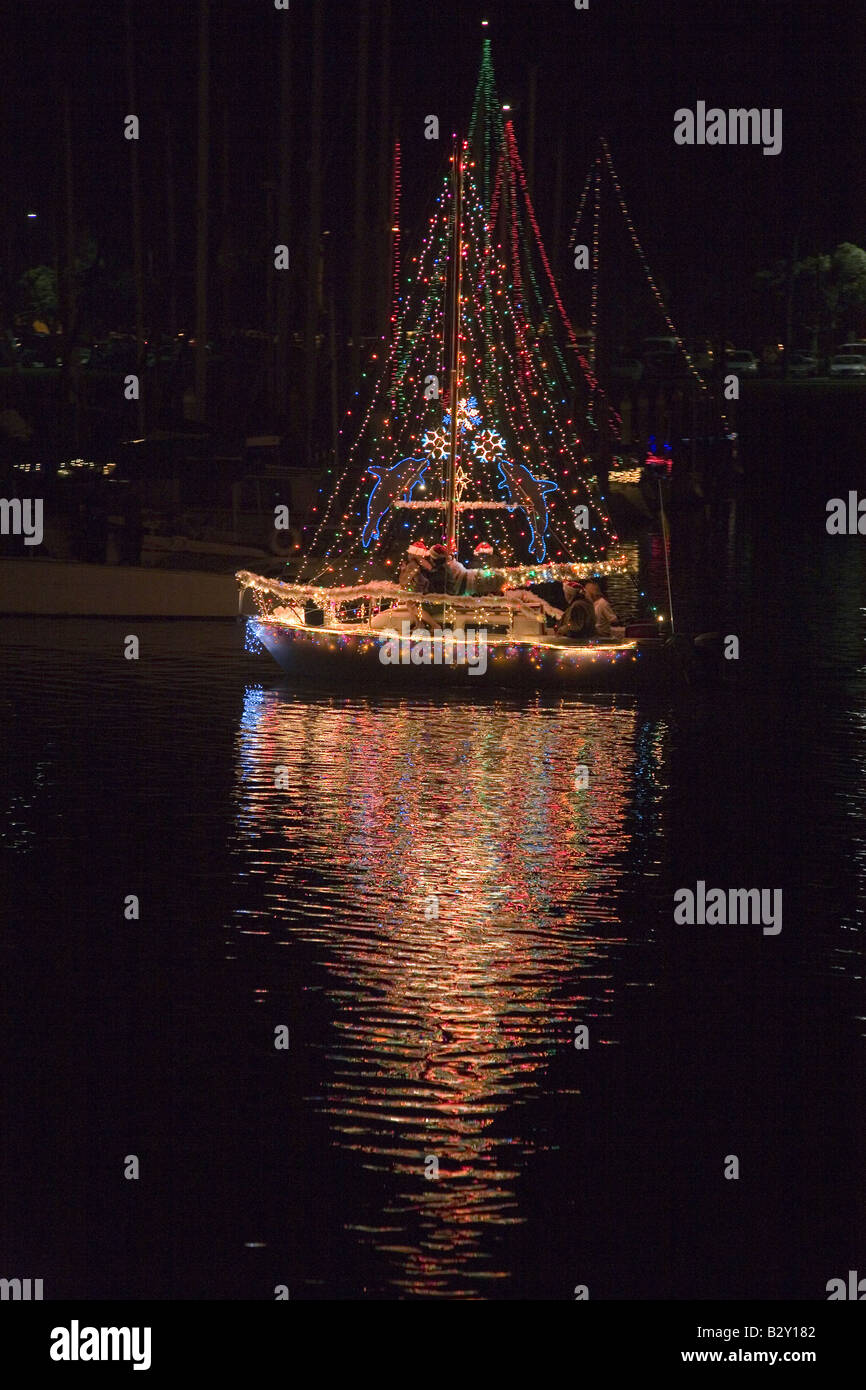Boats with Christmas lights at Ventura Harbor Parade of Lights, Ventura