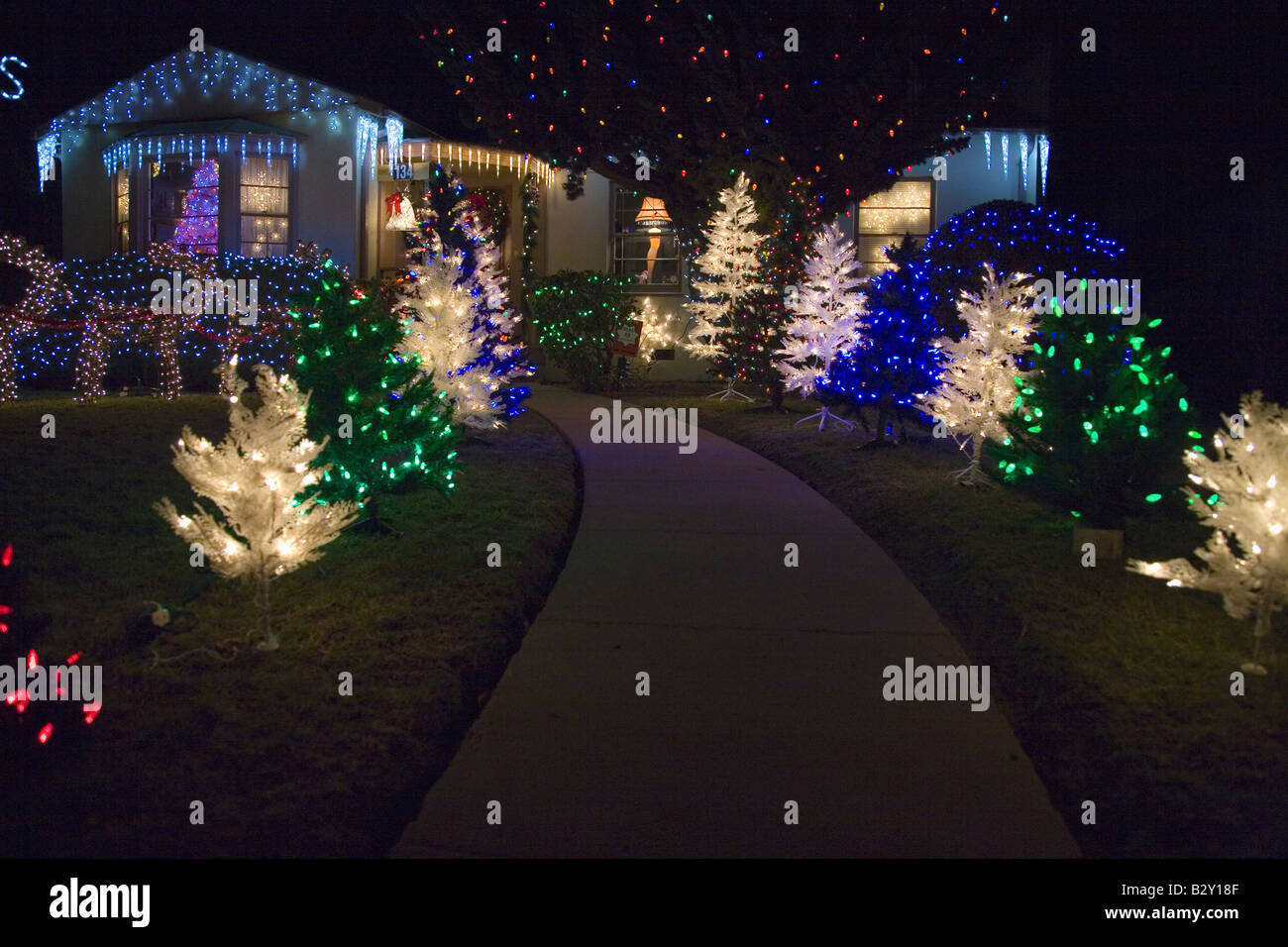 Christmas lights and deer in front of house in Oxnard, California Stock
