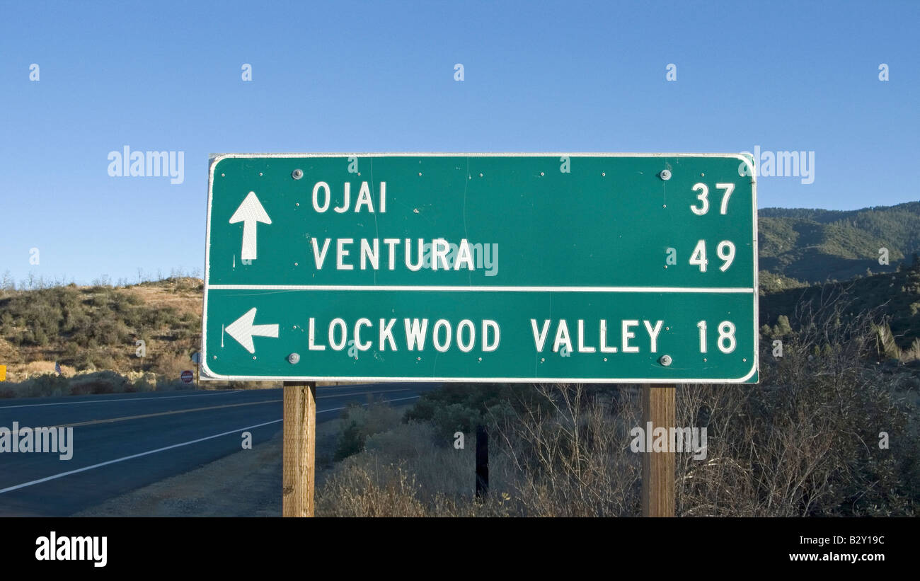 California road sign pointing to Ojai, Ventura and Lockwood Valley
