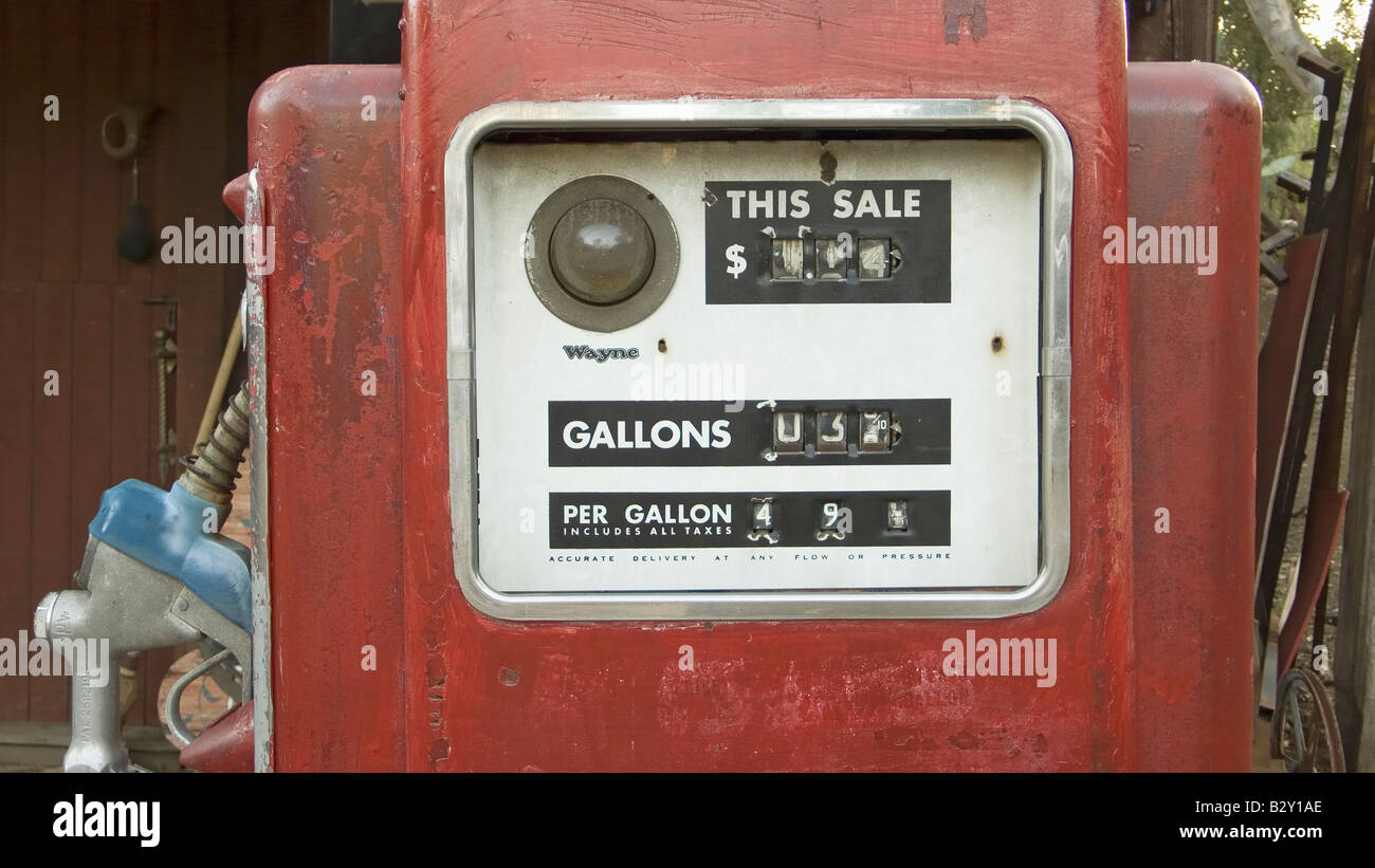 Antique red gas pumps in front of old gas station in Malibu, Southern