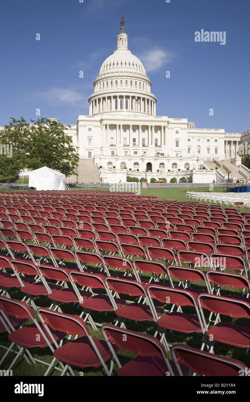 Rows of empty red chairs in front of the U.S. Capitol, Washington, DC