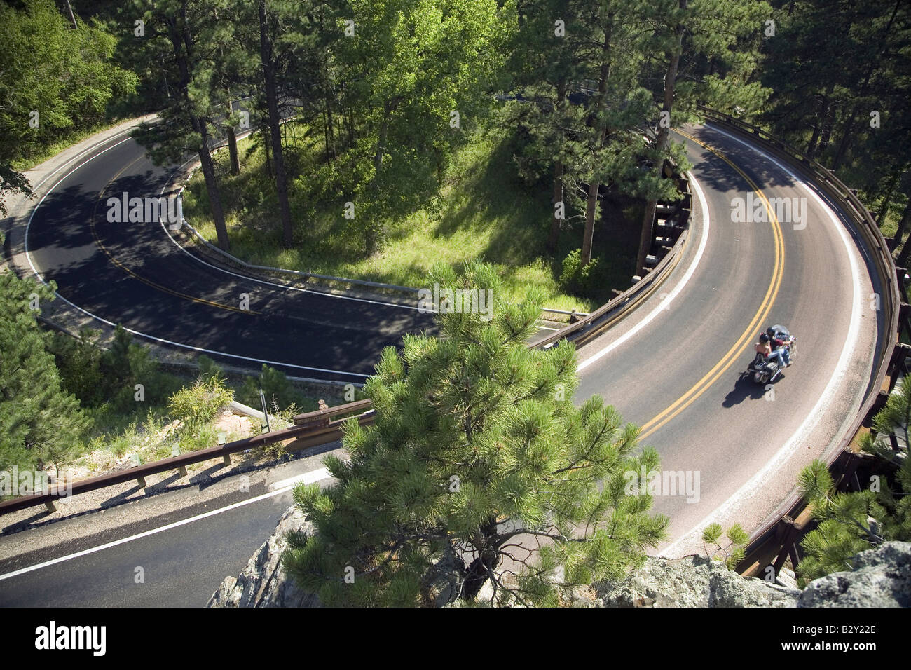 Motorcyclist driving on Iron Mountain Road, Black Hills, near Mount