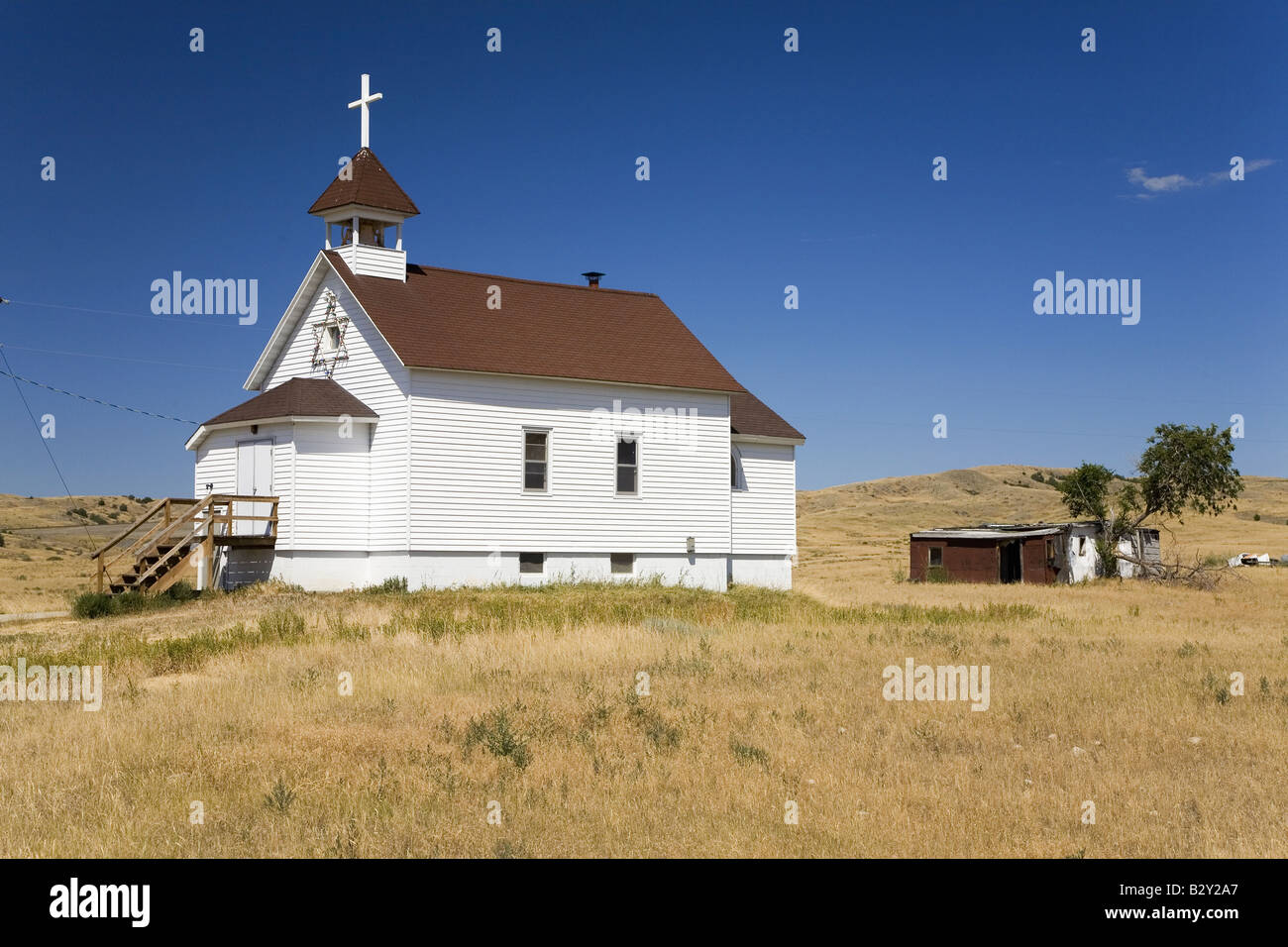 White Little Prairie Church along US 34, South Dakota Stock Photo