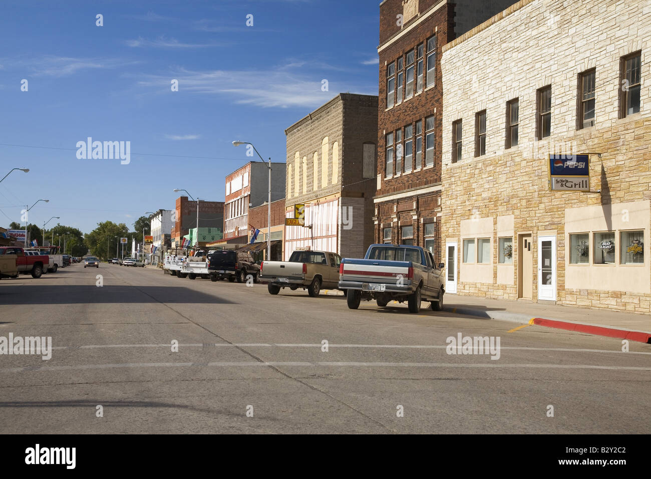 Main street with storefronts in Crawford Nebraska, Northwestern portion