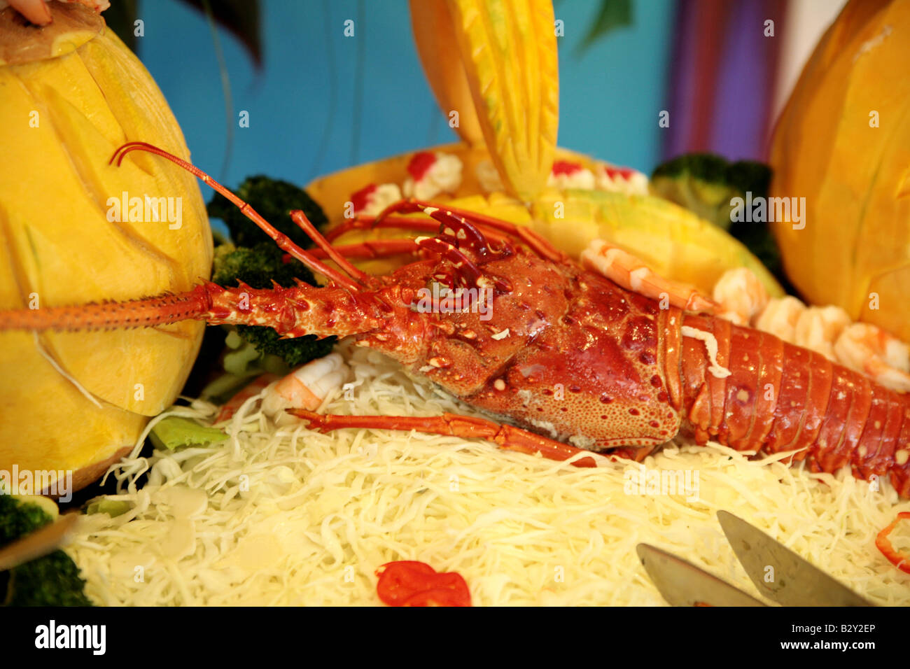Red lobster used for decoration in a buffet table in a restaurant Stock Photo