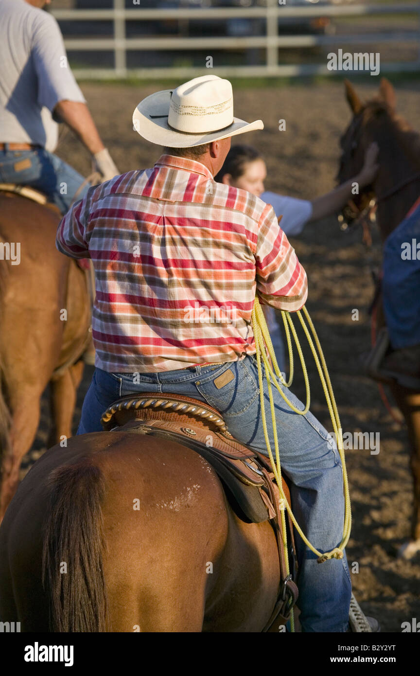Cowboy on horse with rope at PRCA Rodeo at Lower Brule, Lyman County
