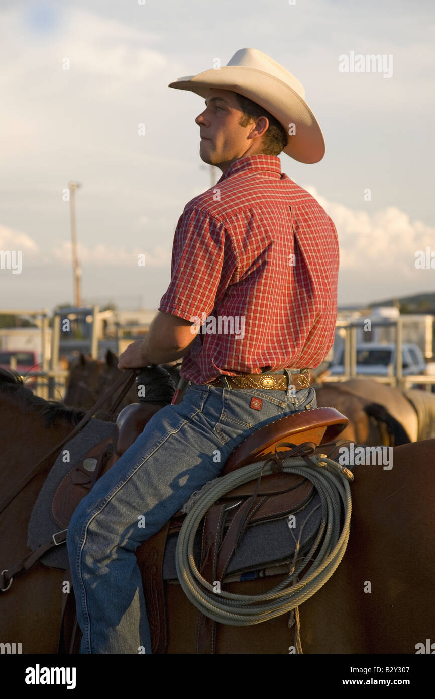 Cowboy on horse with rope at PRCA Rodeo at Lower Brule, Lyman County
