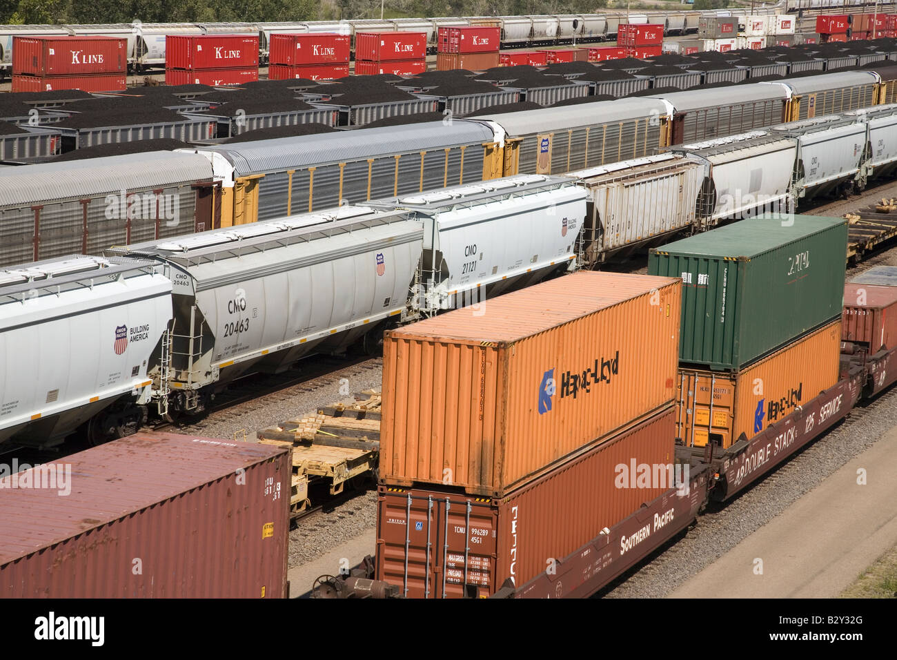Elevated view of freight cars at Union Pacific's Bailey Railroad Yards, North Platte, NE Stock