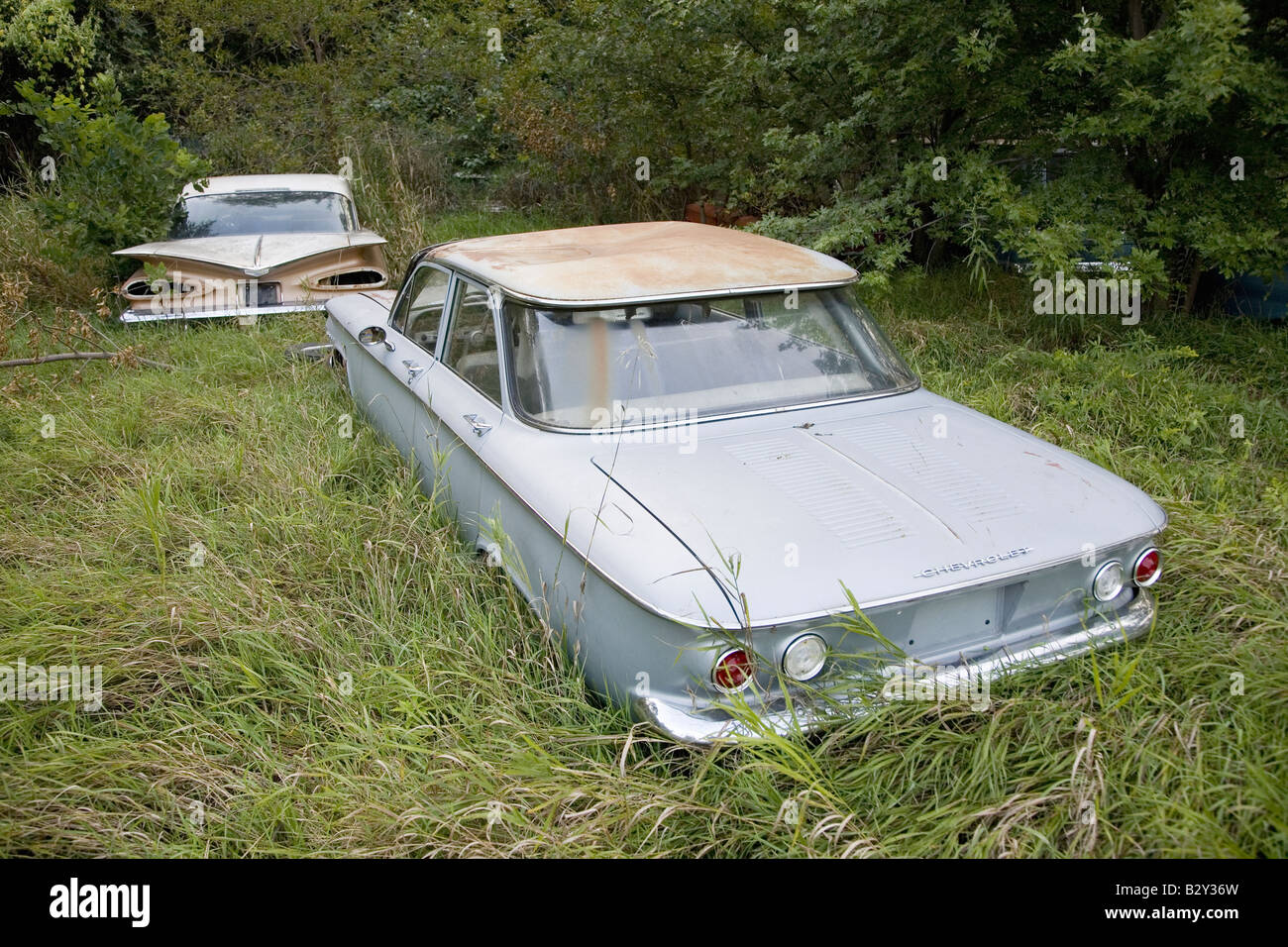 Antique Corvair with new Chevrolets and 1960's cars never before run
