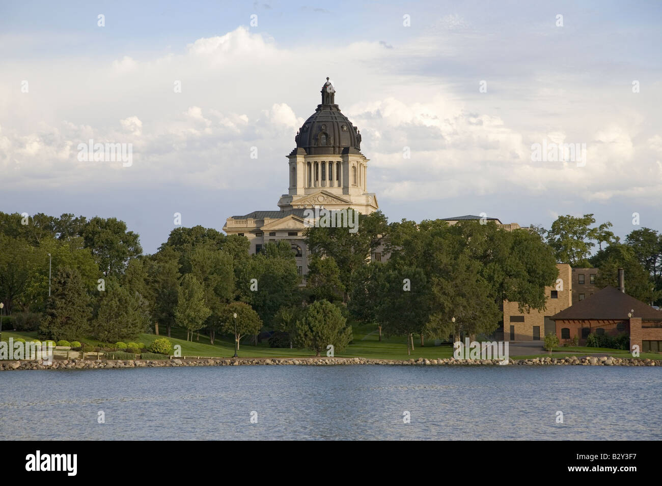 Lake with view of South Dakota State Capitol and complex, Pierre, South