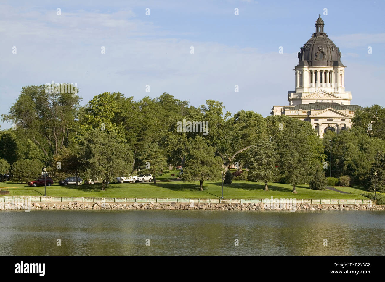 Lake with view of South Dakota State Capitol and complex, Pierre, South