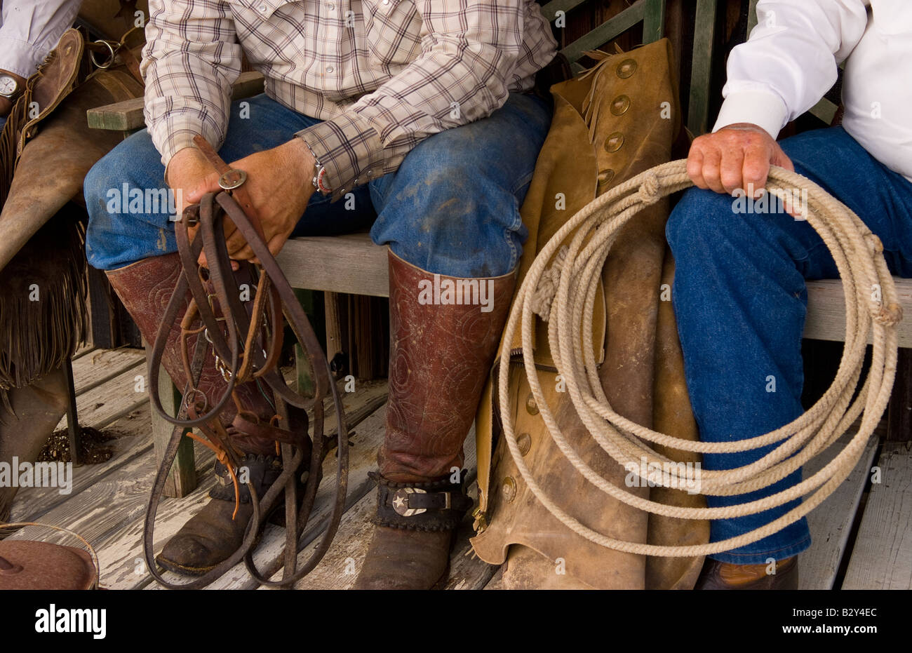 Western-style cowboy spurs on boots in Fort Worth, Texas Stock