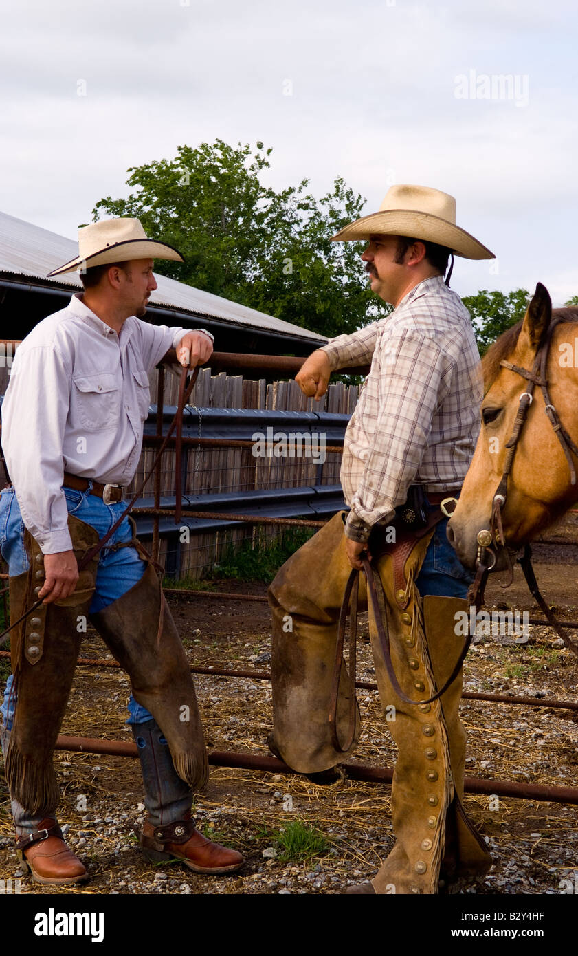 The cowboy life in the USA West as cowboys talk by horses at range Stock  Photo - Alamy