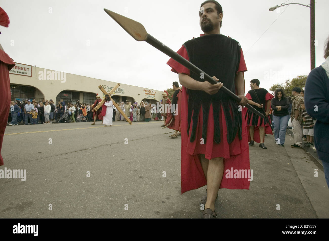 Roman soldiers with spears marching down street on Good Friday, Easter, Oxnard, California, April 6, 2007. Stock Photo