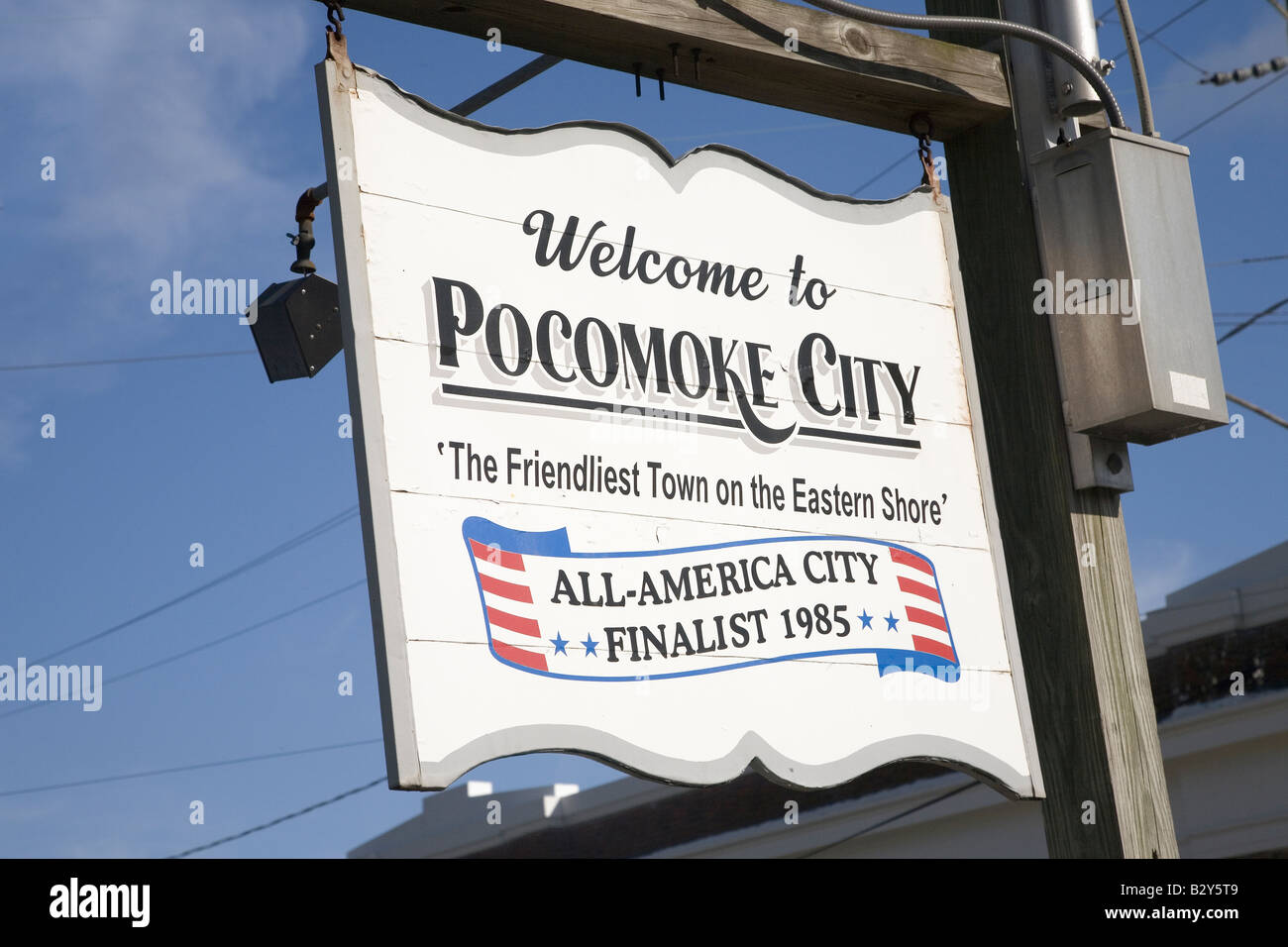 A sign reading 'Welcome to Pocomoke City', the Eastern Shore of Maryland Stock Photo