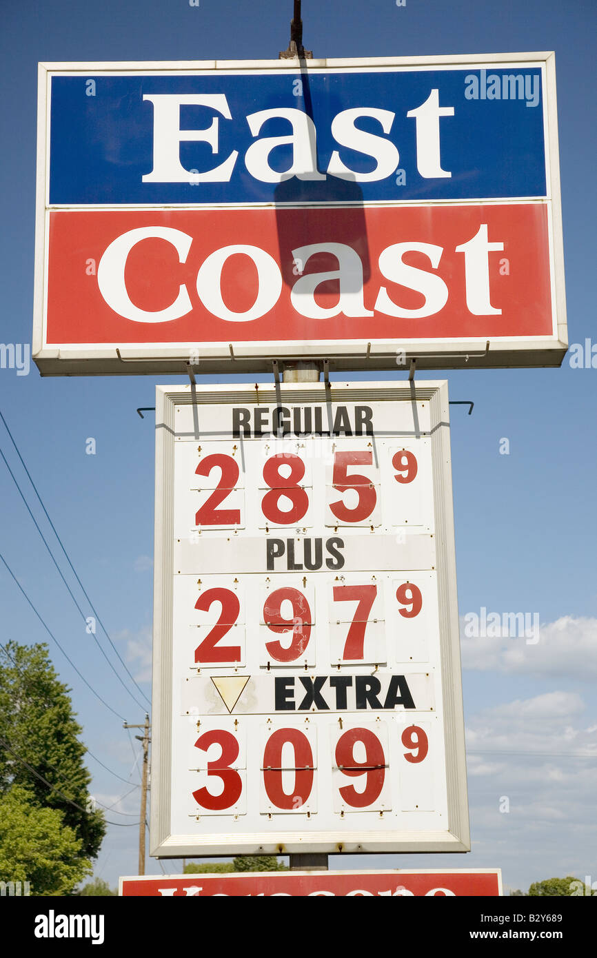 Close-up of 'East Coast Gas Station' sign, Virginia shows gasoline at $2.85 per gallon of unleaded Stock Photo
