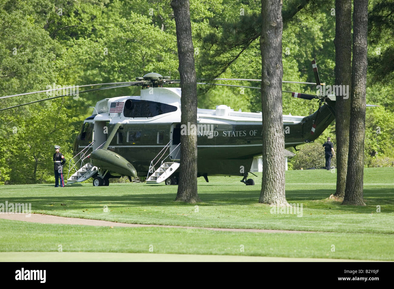 Marine One Presidential Helicopter sitting on golf course in Williamsburg, VA awaiting the