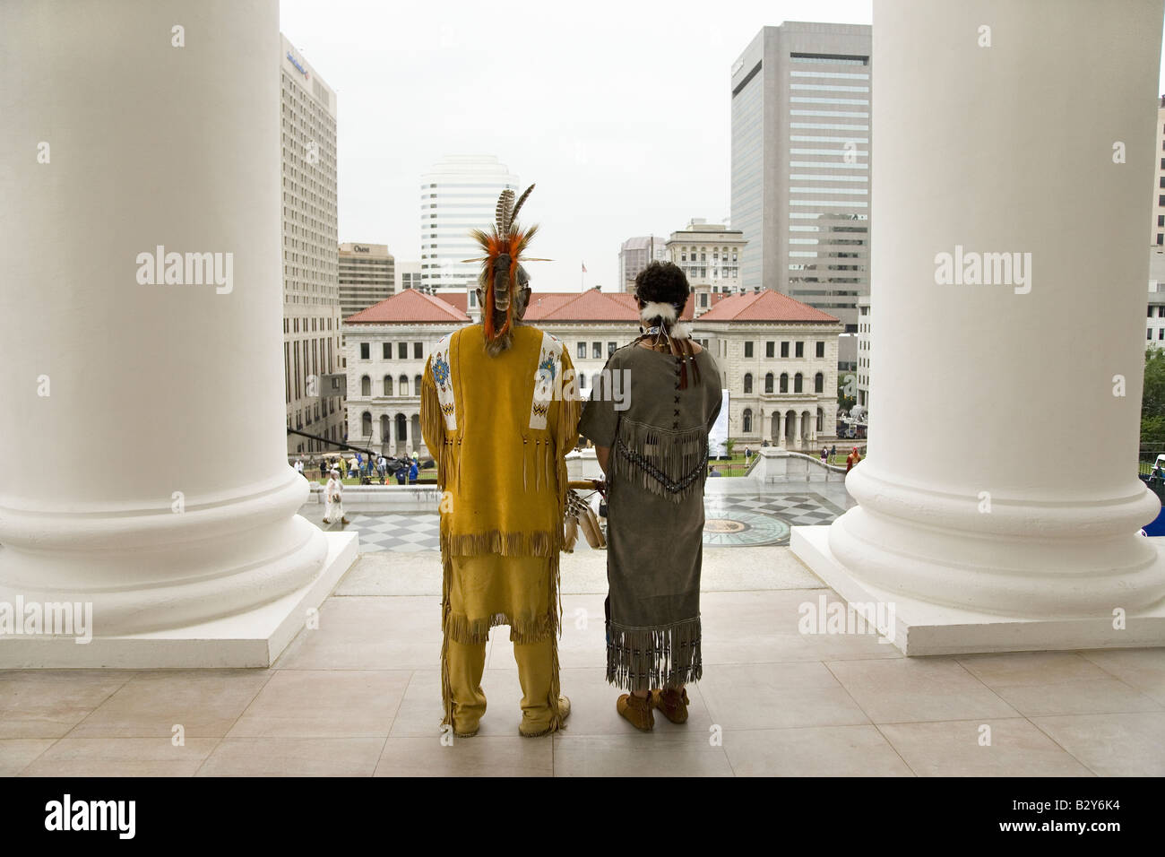 Two American Indian and Powhatan Tribal member, looking over Richmond VA from State Capitol Stock Photo