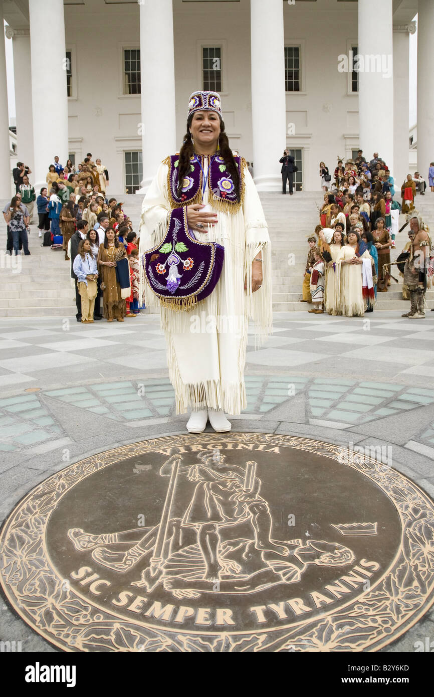 Female American Indian and Powhatan Tribal member, posing in front of VA State Capitol in Richmond VA Stock Photo