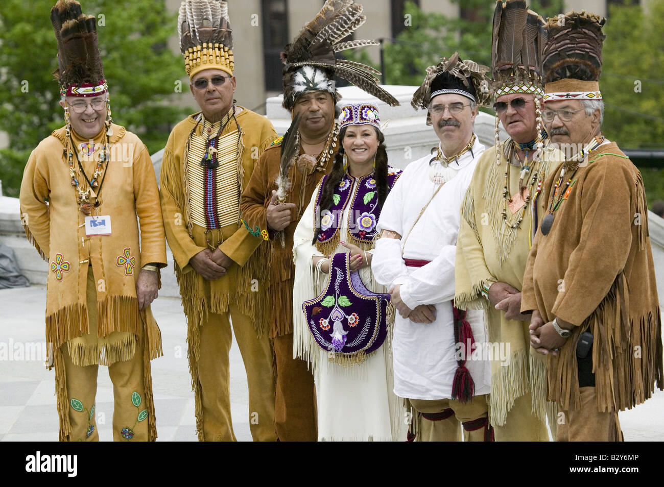 American Indians and Powhatan tribal leaders posing in front of VA State Capitol, Richmond VA, Stock Photo