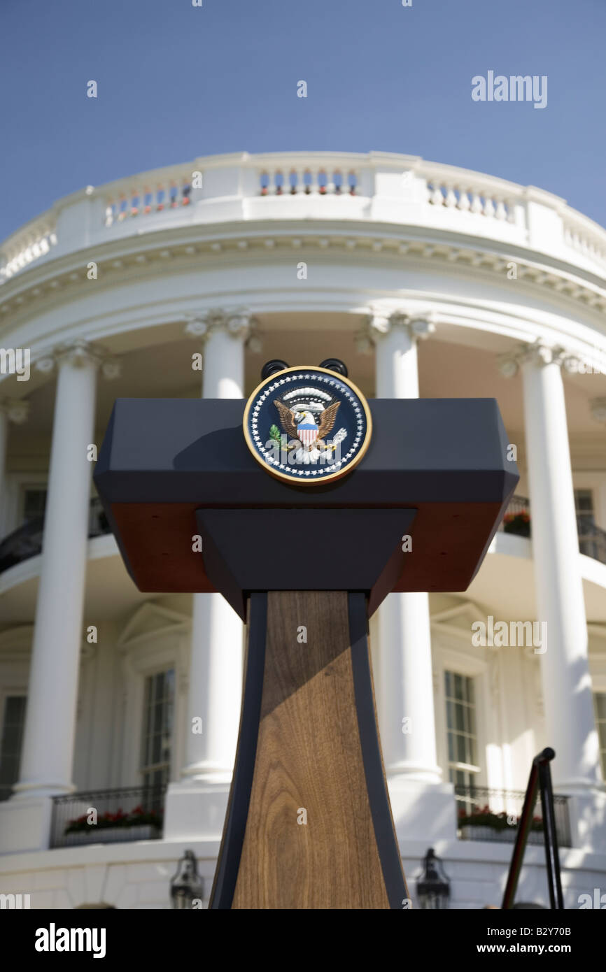 Presidential Seal on podium in front of the South Portico of the White House, the Truman Balcony, in Washington, DC Stock Photo