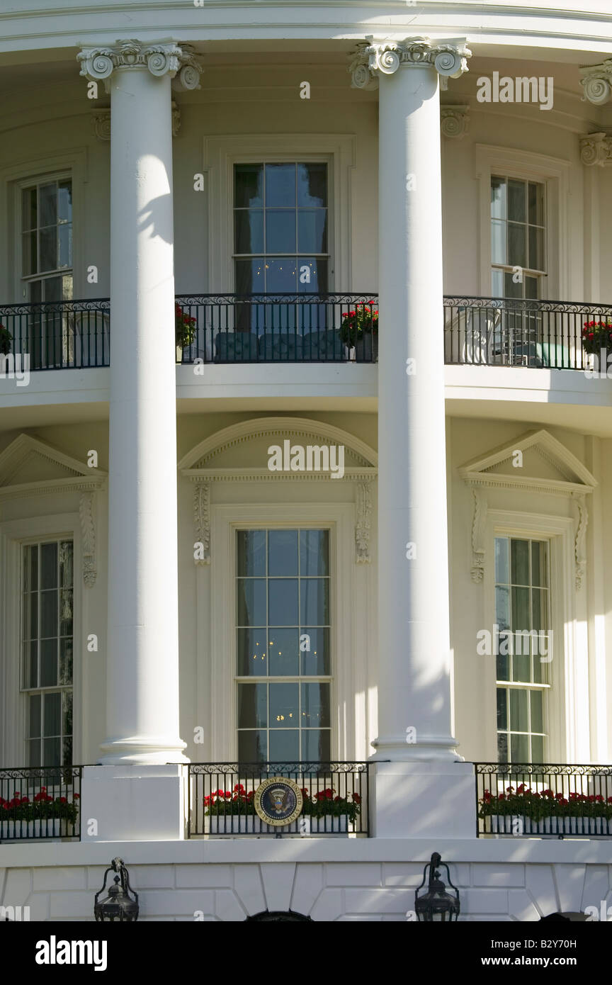 Two pillars of the South Portico of the White House, the Truman Balcony, in Washington, DC Stock Photo
