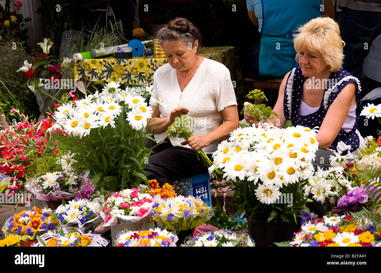 Old lady babushkas selling flowers at market in old town center city of