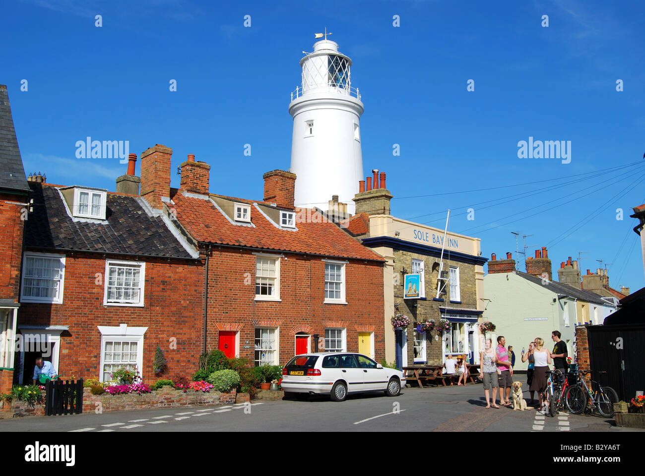 Colourful period cottages and Lighthouse, East Green, Southwold