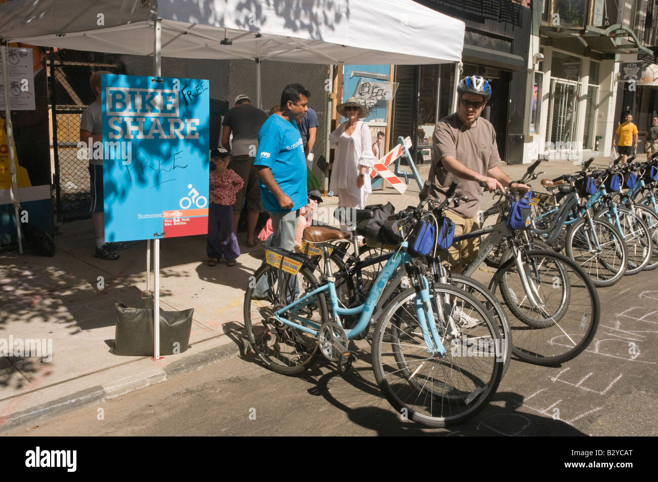 Free Bike Share during Summer Streets, a car-free event on the streets of New York City. Stock Photo