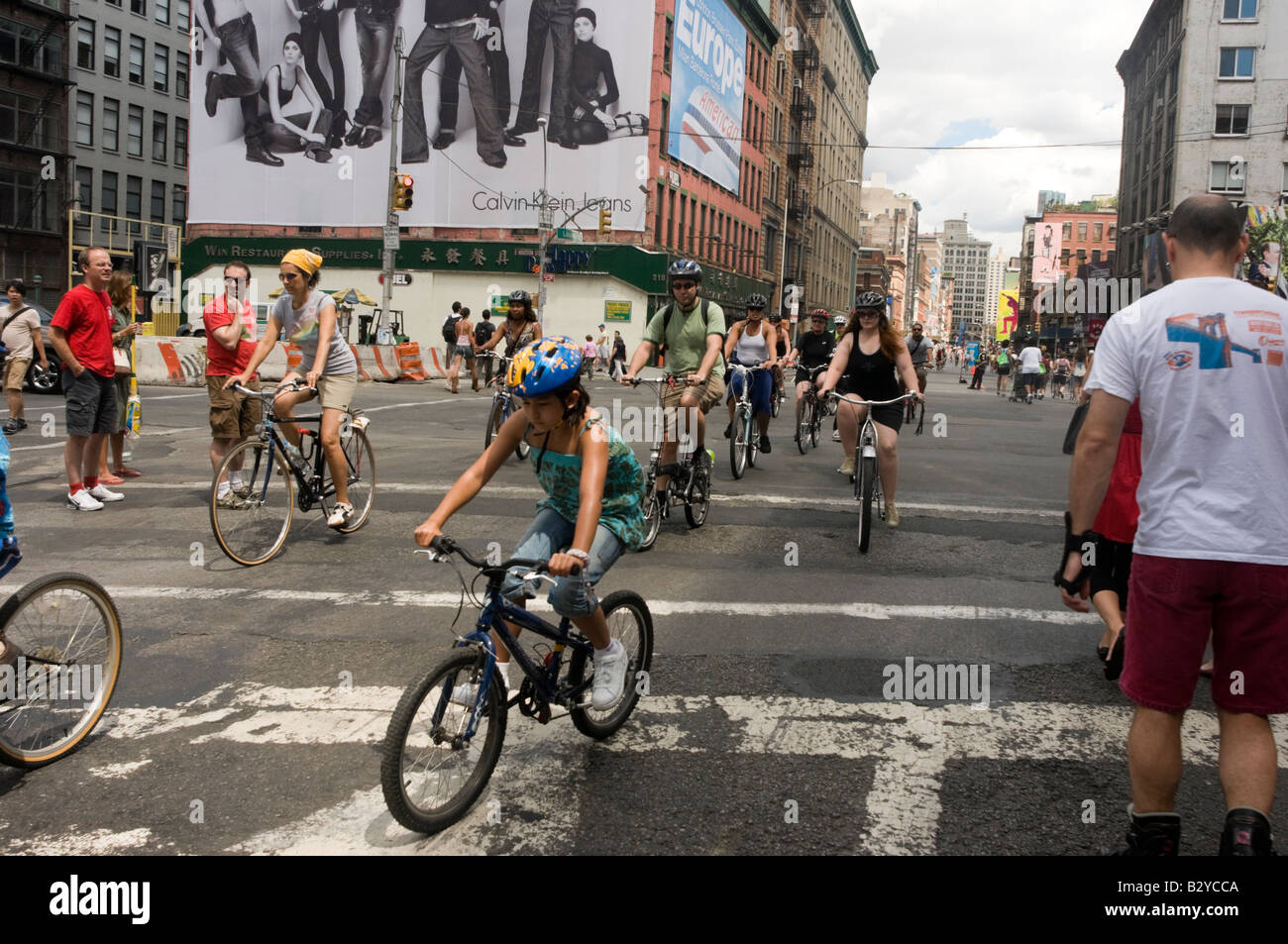 Cyclists on Lafayette Street during Summer Streets car-free event. Stock Photo