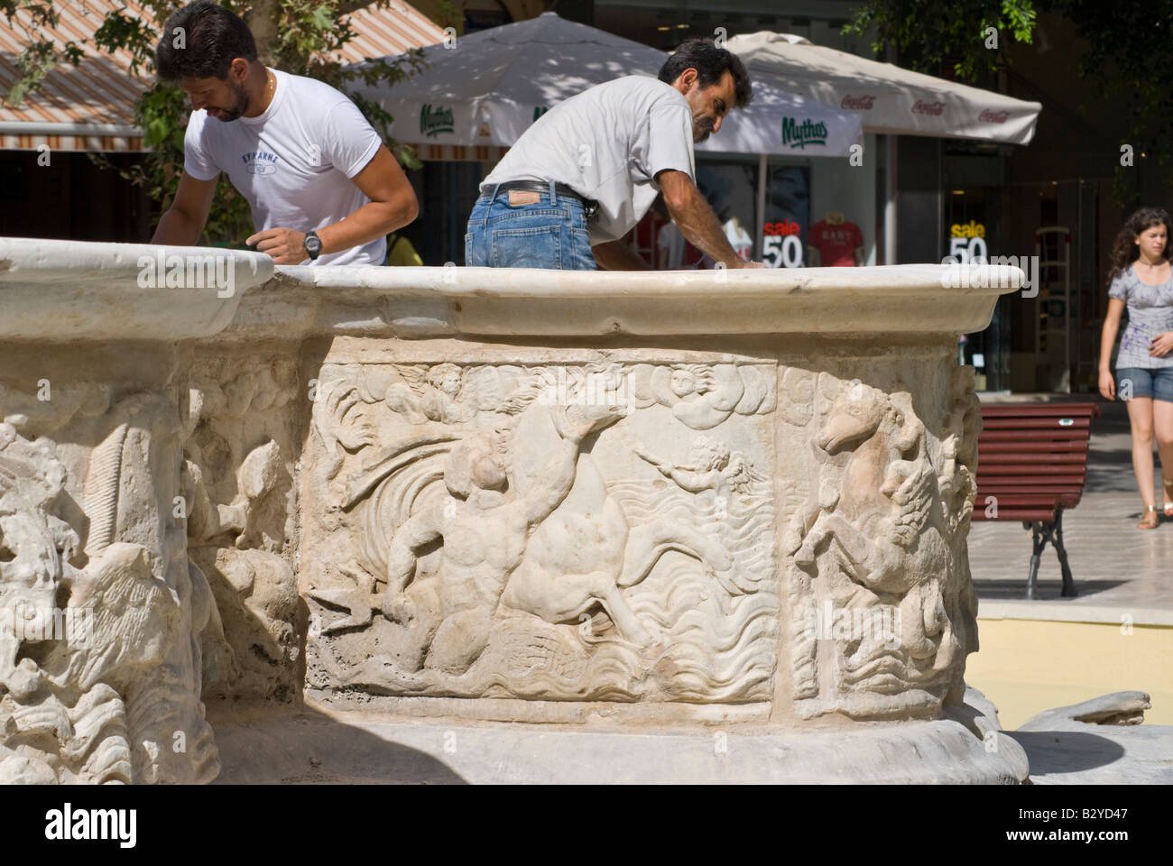 Heraklion, Iraklio, Crete, Greece. Morosini Fountain (1628) in Plateia Venezelou. Detail of Base - Under repair Stock Photo