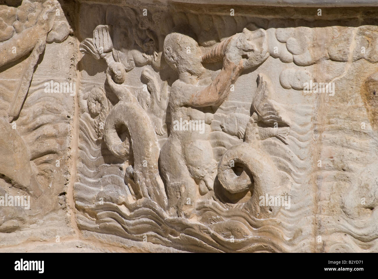 Heraklion, Iraklio, Crete, Greece. Morosini Fountain (1628) in Plateia Venezelou. Detail of Base Stock Photo