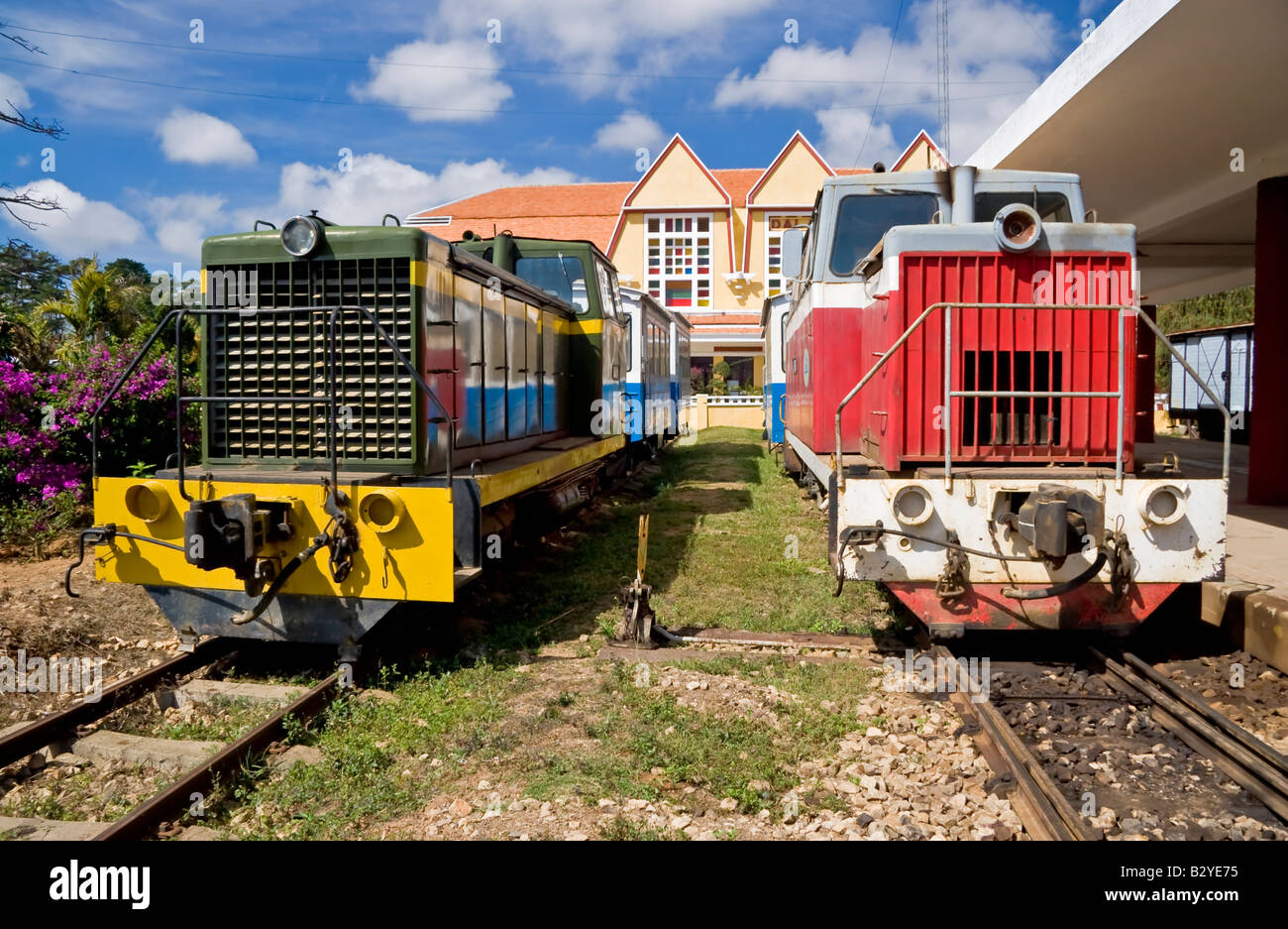 Preserved railway station with diesel locomotives, Dalat, Central Highlands, Vietnam Stock Photo