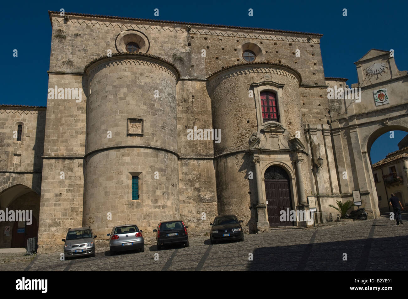 Entrance to Gerace Cathedral with Sundial Arch Stock Photo