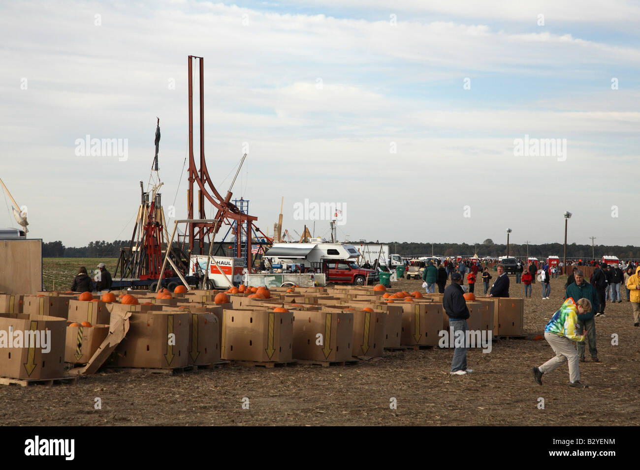 Variety of pumpkin hurling machines with supporting vehicles fronted by large number of cardboard boxes holding pumpkins. Stock Photo