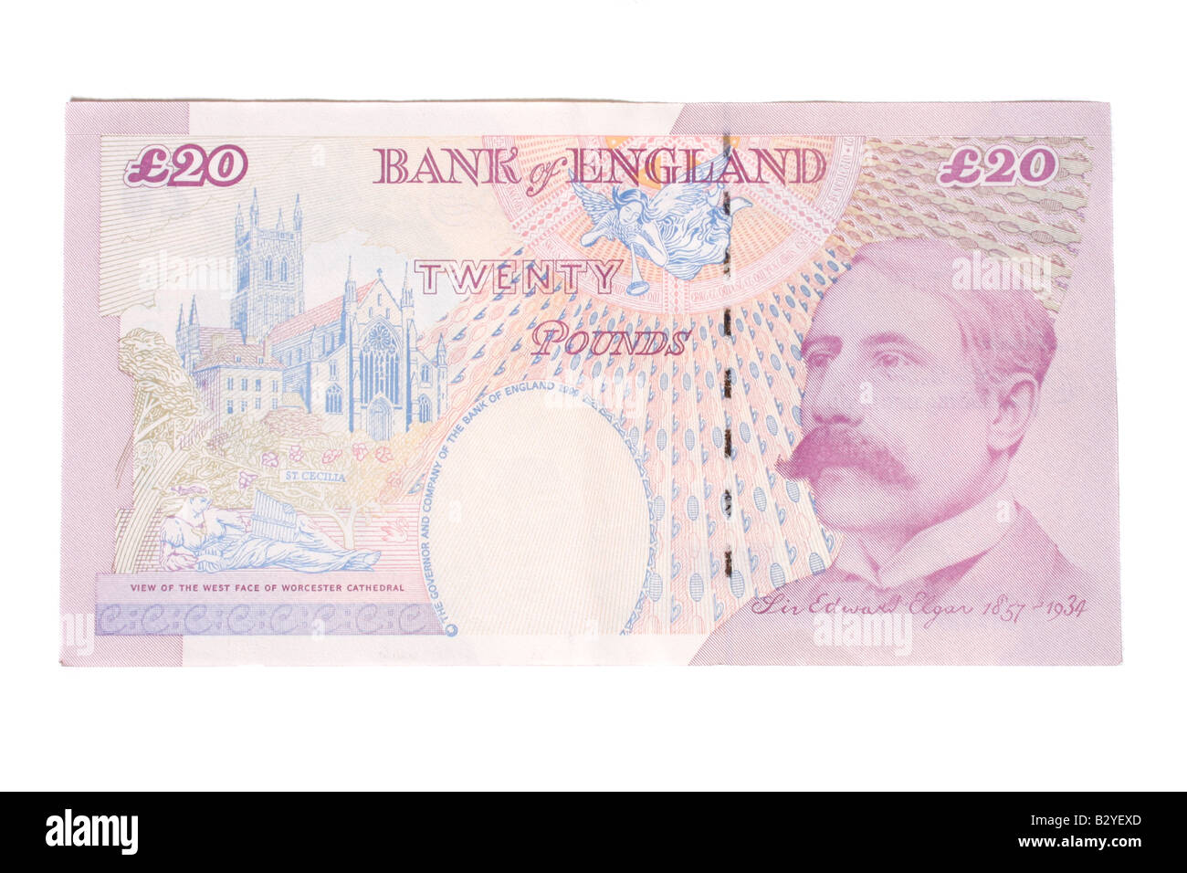 The back of a twenty pound English bank note. Stock Photo