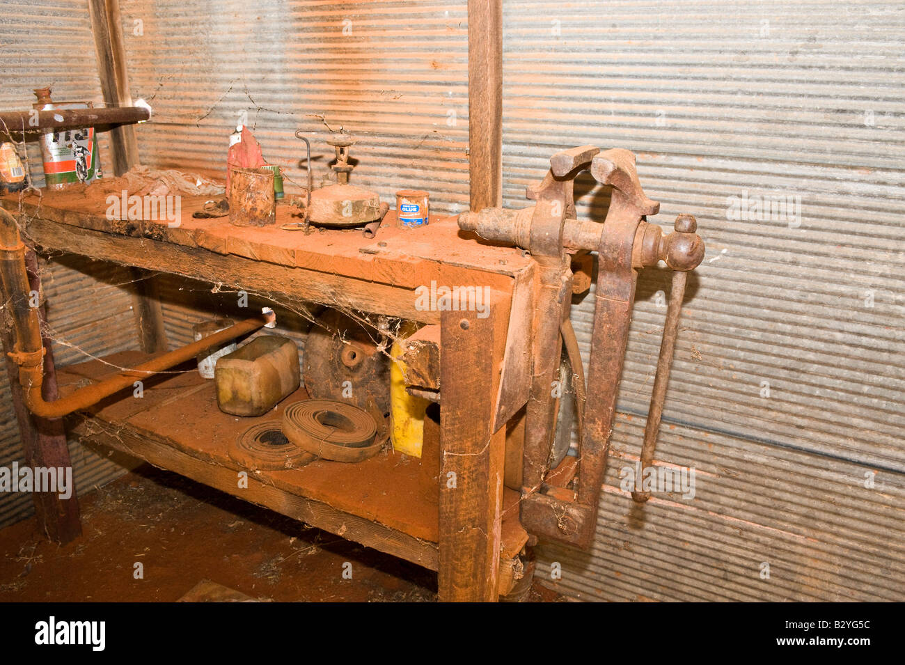 Old workbench in tool shed Stock Photo - Alamy