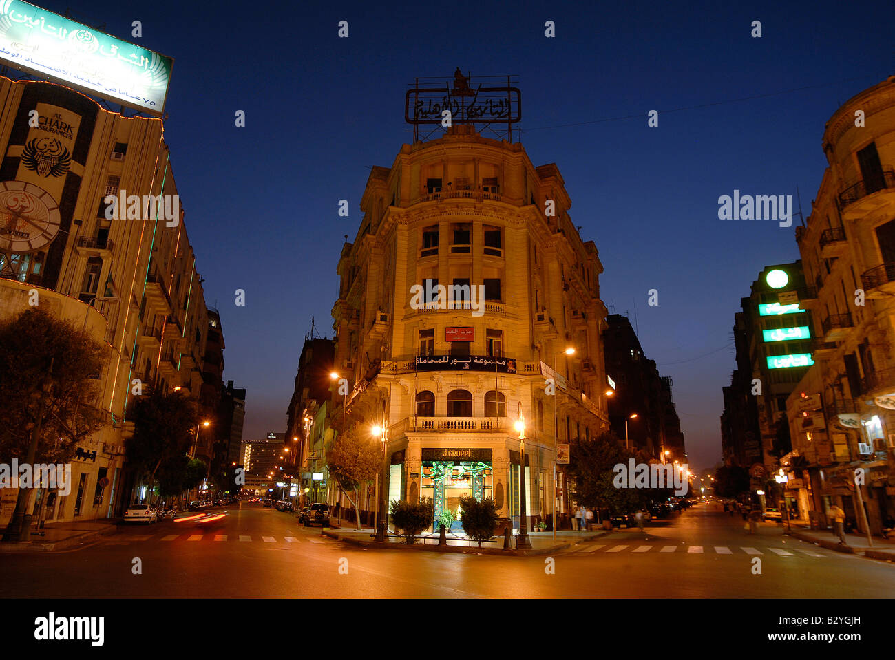 At night Cairo's colonial architecture looks best. Here coffehouse Groppi in downtown. Stock Photo