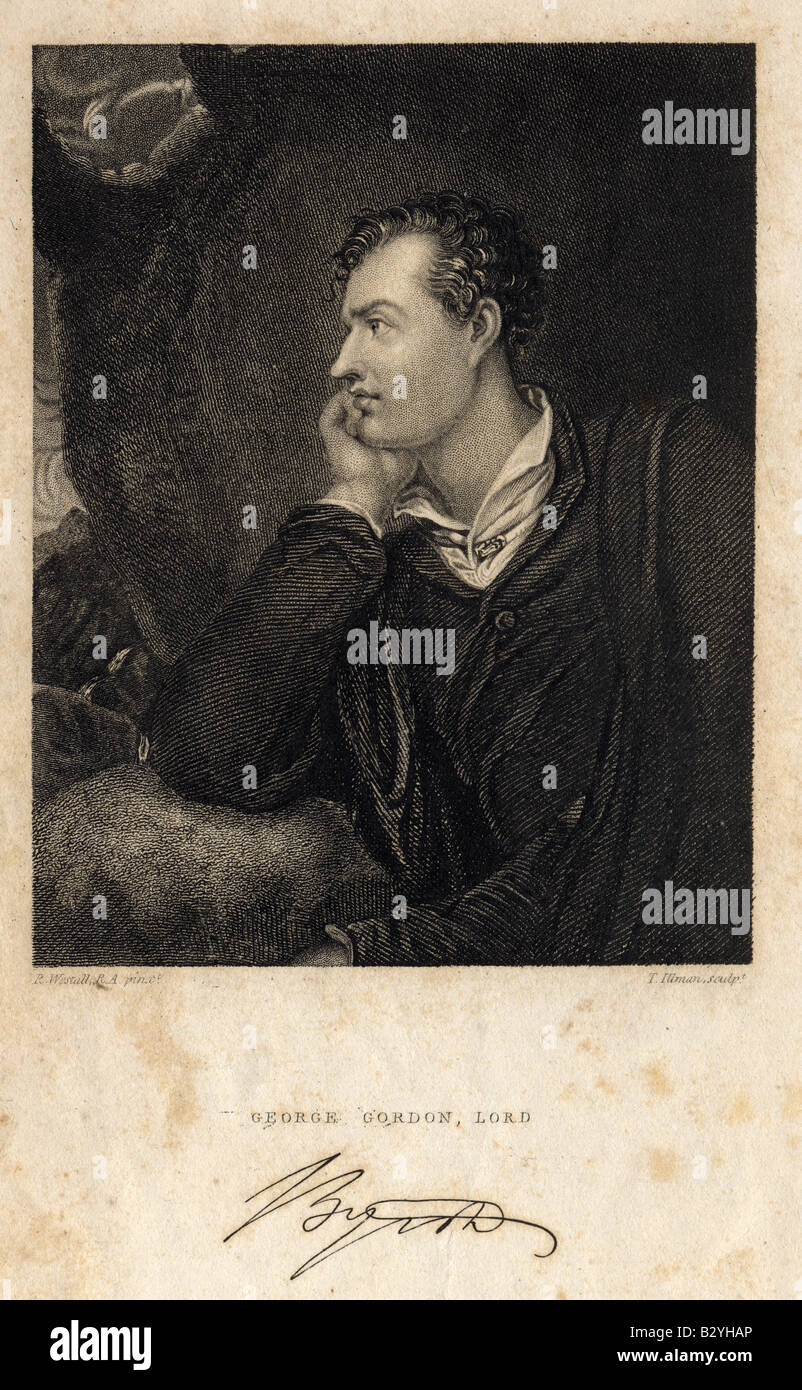 Antique engraving of Lord Byron. Stock Photo