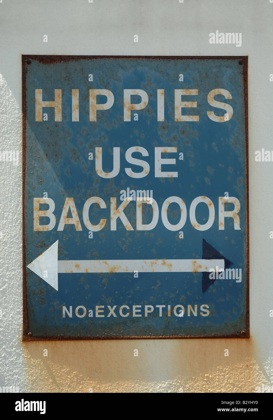 hippies use backdoor sign, Tintagel, Cornwall, England, UK Stock Photo