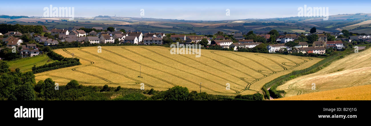 view over devon countryside with fields and farmland Stock Photo